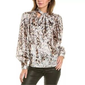 Rachel Roy Animal Print Satin Chiffon Blouse Tie Neck Office Size S